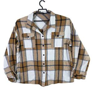 Mens Automet Brown White Plaid Shirt Button Up Long Sleeve Nylon Stretch 2XL